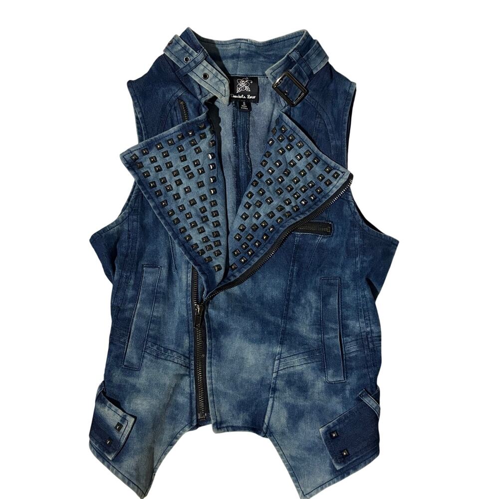 Double Zero Y2K Jean Jacket Vest Studded Rock Concert Small Biker Ocean Wash
